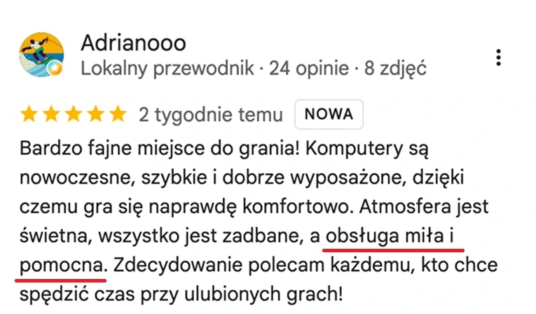 Opinia z map Google, Adrianooo: Bardzo fajne miejsce do grania! Komputery są nowoczesne, szybkie i dobrze wyposażone, dzięki czemu gra się naprawdę komfortowo. Atmosfera jest świetna, wszystko jest zadbane, a obsługa miła i pomocna.